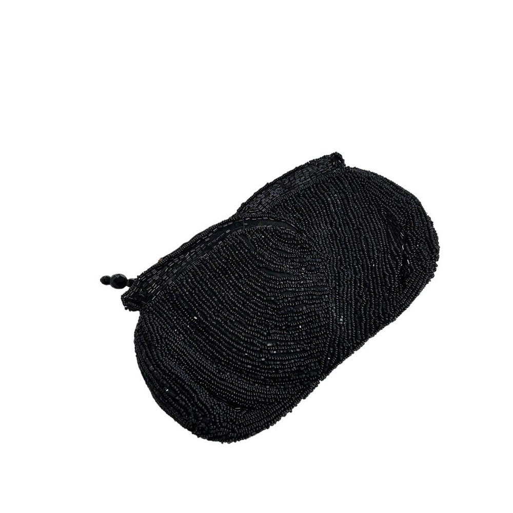 Small Vintage Black‎ Clutch Zip Top Beaded Black Bag with Hand Strap